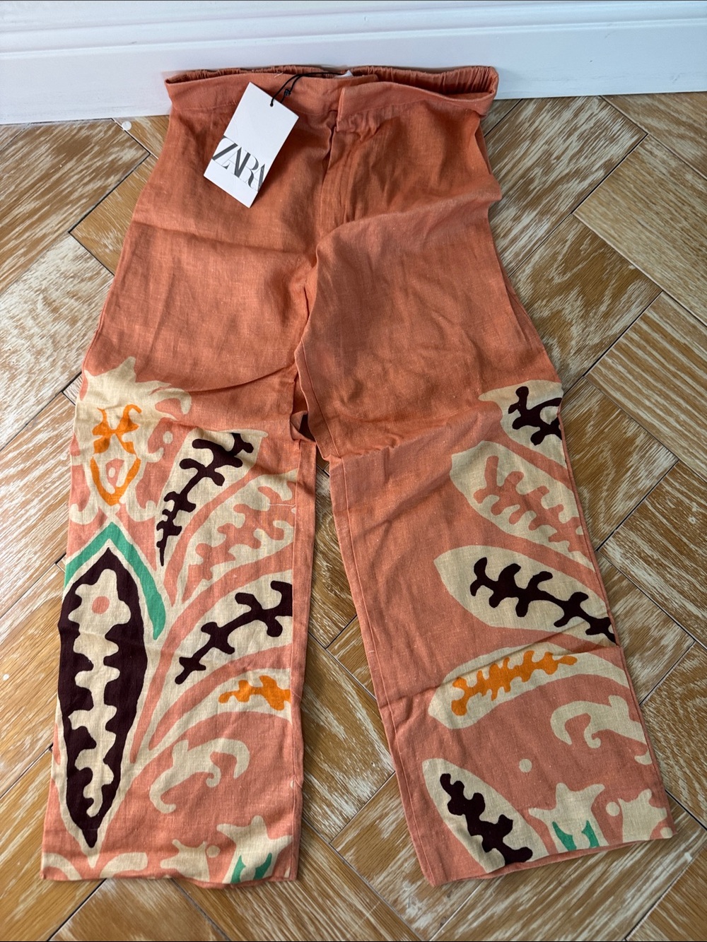 Zara Rust-Terracotta Linen Wide Leg Printed Pants Girls size 11-12